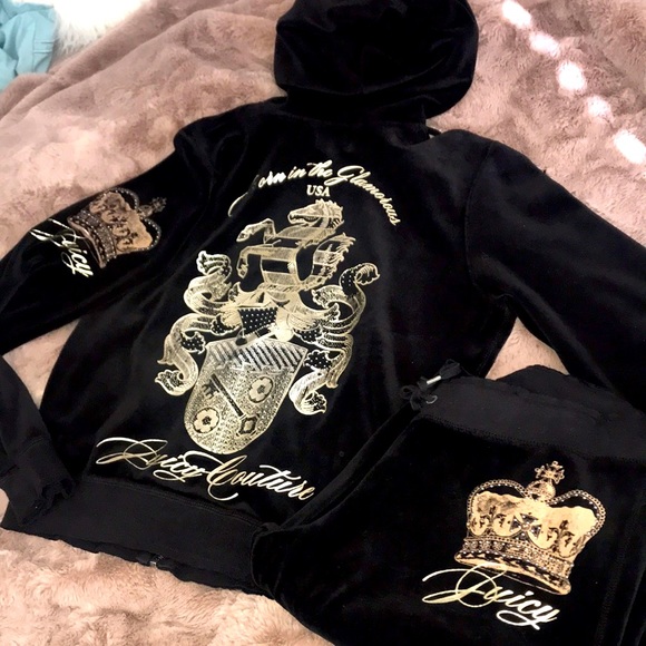 Vintage Juicy Couture Tracksuit set black plush velour & bling - Picture 2 of 16